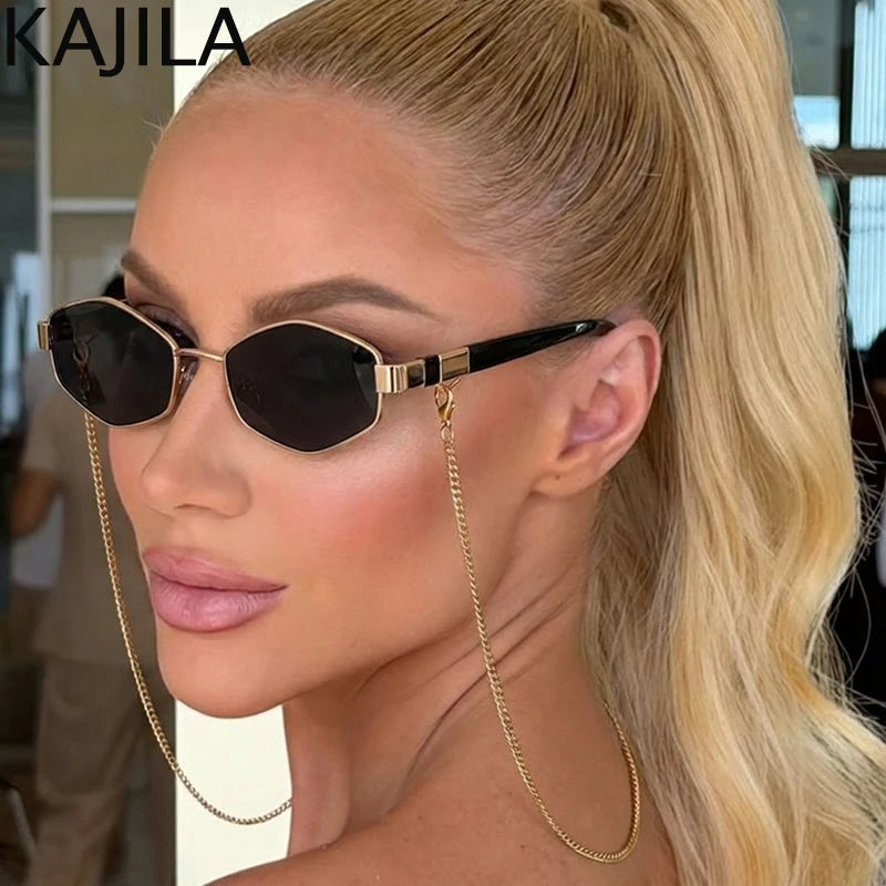 Sexy Small Frame Hexagon Sunglasses Women With Chain 2026 Luxury Brand Designer Punk Sun Glasses For Ladies Shades Gafas De Sol