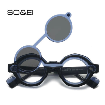 SO&EI Retro Round Polarized Magnetic Clip Sunglasses Women Shades UV400 Fashion Rivets Men Punk Clear Anti Blue Light Eyewear
