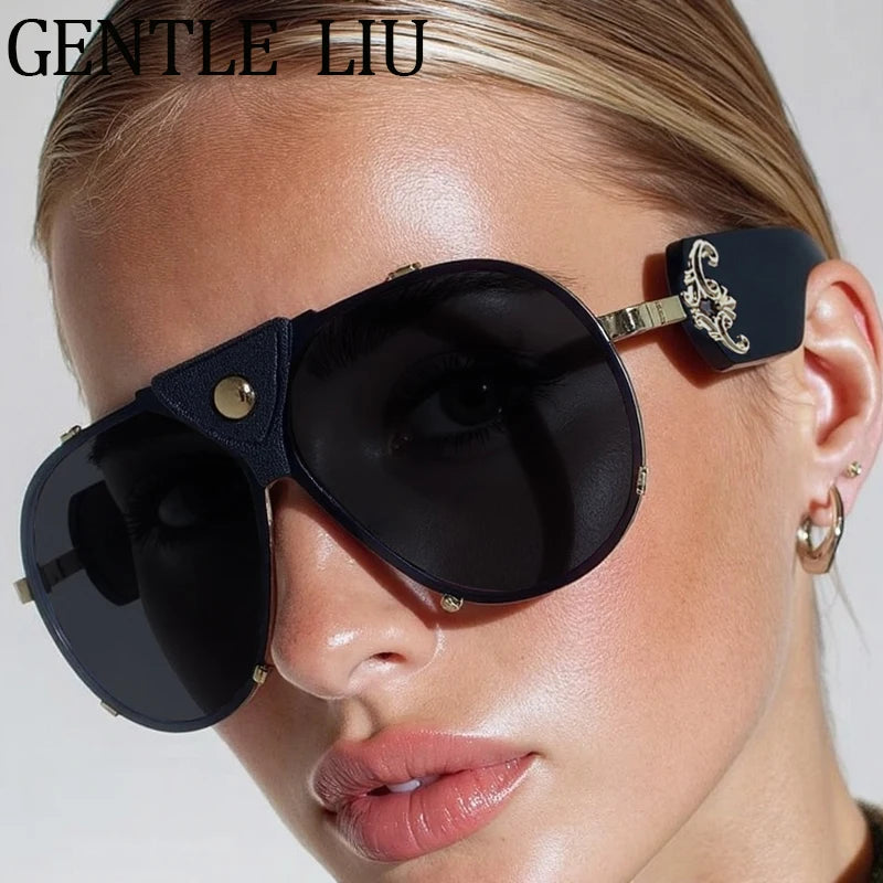 Steampunk Oversized Vintage Pilot Sunglasses Women 2026 Luxury Brand Oval Shield Eyewear Trendy Goggle Shades Driving Sunglass