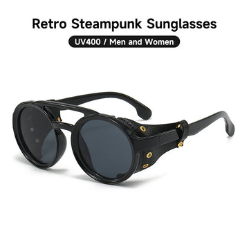 Retro Steampunk Sunglasses Men Women UV400 Round Punk Sun Glasses Vintage Goggles Leather Shades Outdoors Sports Eyewear